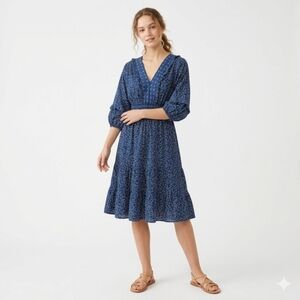 Max Studio Navy Blue Polks Dot V-Neck Tiered Midi Dress